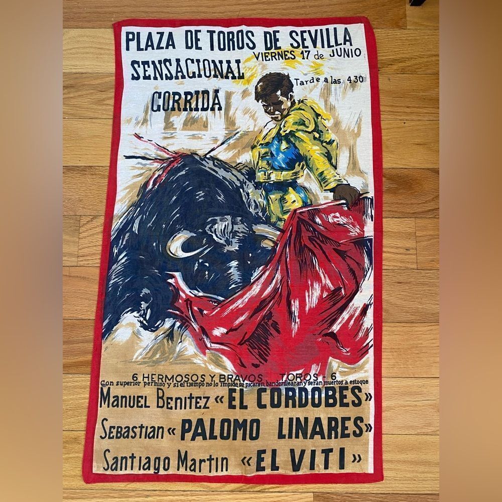 1970s Plaza De Toros de Sevilla, Sensacional Corrida Bull Fighting Scarf/Towel